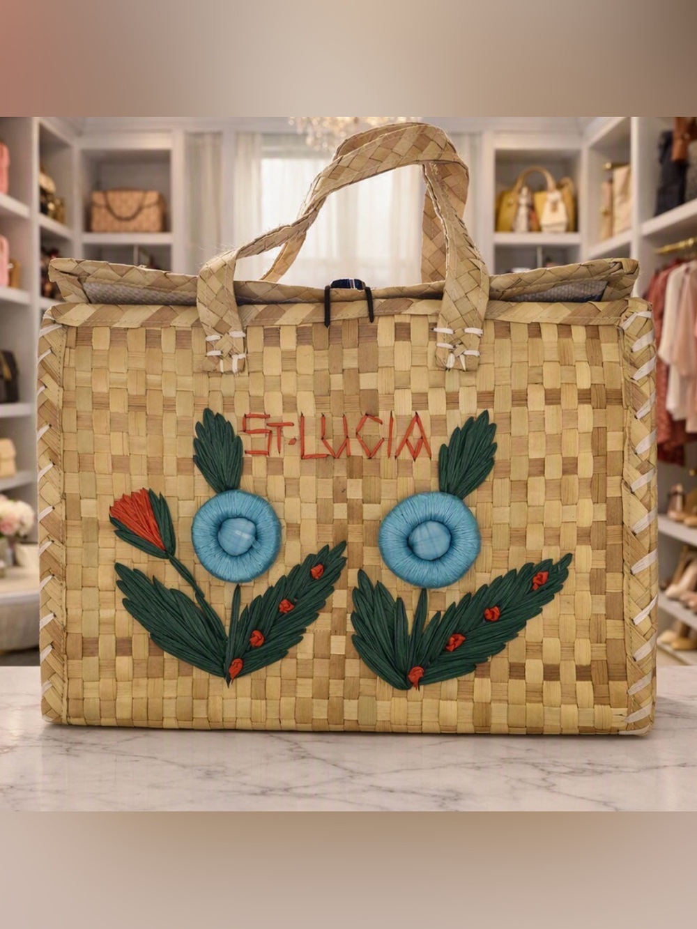 Vintage handmade Natural Woven Straw Tote with Blue Floral Embroidery